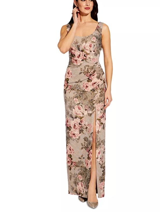 Adrianna Papell - Metallic Floral-Print Column Gown - Picture 7 of 13